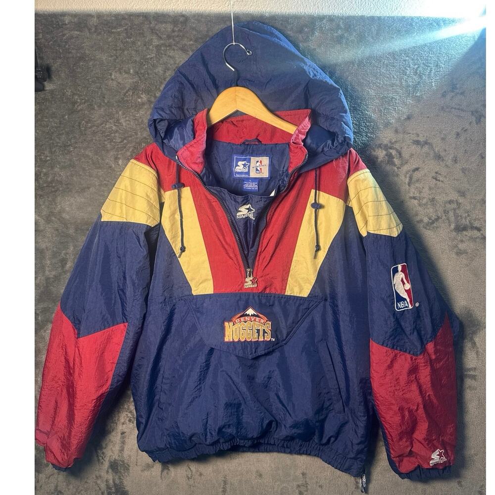 VTG 90s Denver Nuggets Starter Jacket Large Pouch 1/4 Zip Pullover Skyline Logo